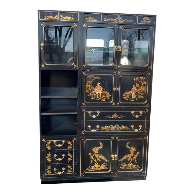 1970s Jasper Cabinet Co. Chinoiserie Black Lacquer Hand Painted Drop Down Mirror Back Bar and Desk For Sale