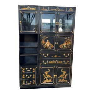 1970s Jasper Cabinet Co. Chinoiserie Black Lacquer Hand Painted Drop Down Mirror Back Bar and Desk