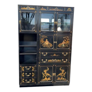 1970s Jasper Cabinet Co. Chinoiserie Black Lacquer Hand Painted Drop Down Mirror Back Bar and Secretary Desk With Matching Display Tower - 2 Piece Set For Sale