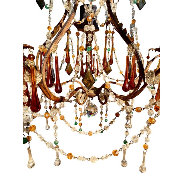 1920s Antique Italian Iron and Colored Crystal Chandelier With Crystal Beading For Sale - Image 5 of 18