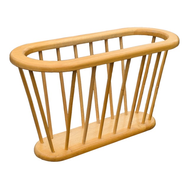 Vintage Oak Spindle Magazine Rack | Mid-Century Modern Newspaper Vinyl Record Stand | Arthur Umanoff Style Wood Storage For Sale