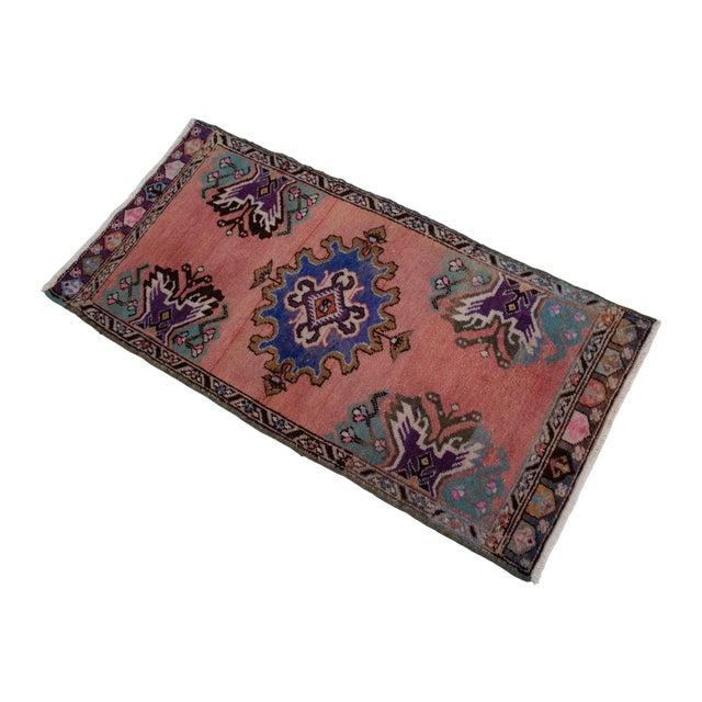 1970s Front of Kitchen Sink Rug Hand Made Small Turkish Rug Bath Mat Faded Mini Rugs 1'8" X 3'6" For Sale - Image 4 of 9