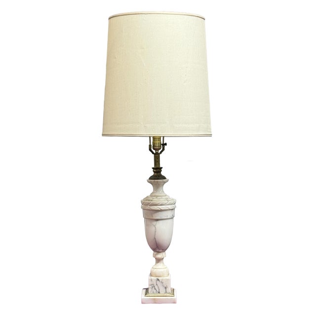 Antique White Pair of Vintage Italian Neoclassical White Marble Urn Table Lamps With Carved Details For Sale - Image 8 of 11
