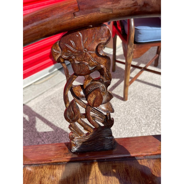 Late 19th Century Late 19th Century Pair of Antique Hand Carved Asian Style Corner Chairs With Removable Blue Cushions For Sale - Image 5 of 7