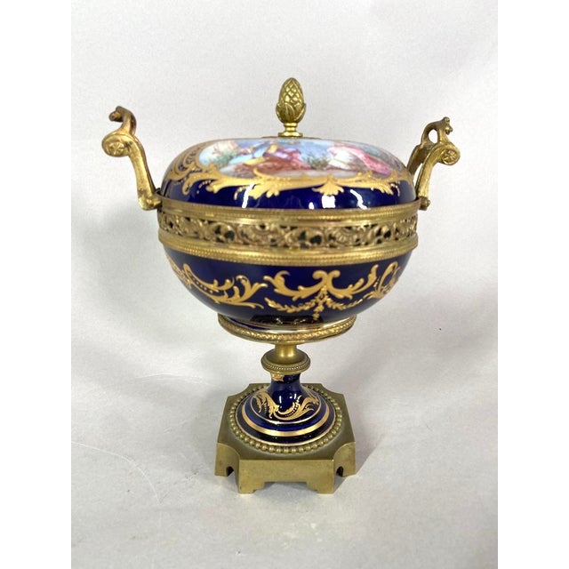 19thC Sevres Louis XVI Style Blue Porcelain Bronze Bowl Urn For Sale - Image 10 of 18