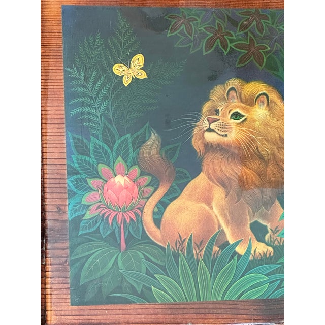 1970s Vintage 1970s Folk Art Handmade Lion Print on Lacquered Wood For Sale - Image 5 of 10