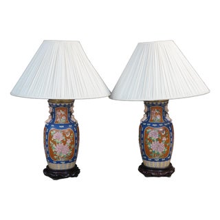 2 Vintage Chinese Export Polychrome Porcelain Ginger Jar Buffet Table Lamps Pair For Sale