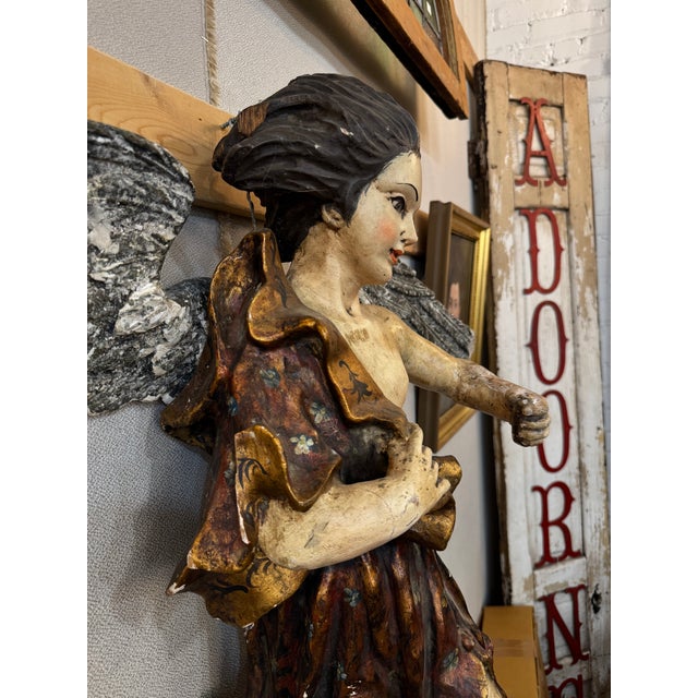 Wood Antique Italian Carved Wood Angel, Original Paint, Circa 1880s For Sale - Image 7 of 17