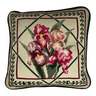 1970s Green Velvet and Pink Floral Needlepoint Pillow For Sale