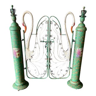 1990s Whimsical Cast Metal Swan Double Garden Gate - A Pair For Sale