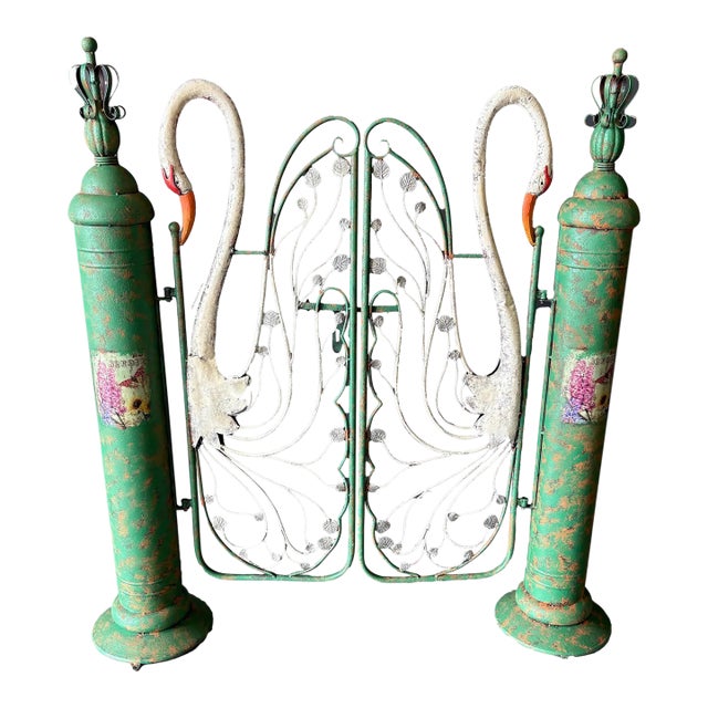 1990s Whimsical Cast Metal Swan Double Garden Gate - A Pair For Sale