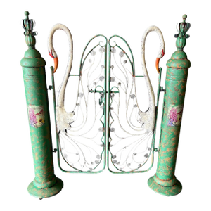 1990s Whimsical Cast Metal Swan Double Garden Gate - A Pair