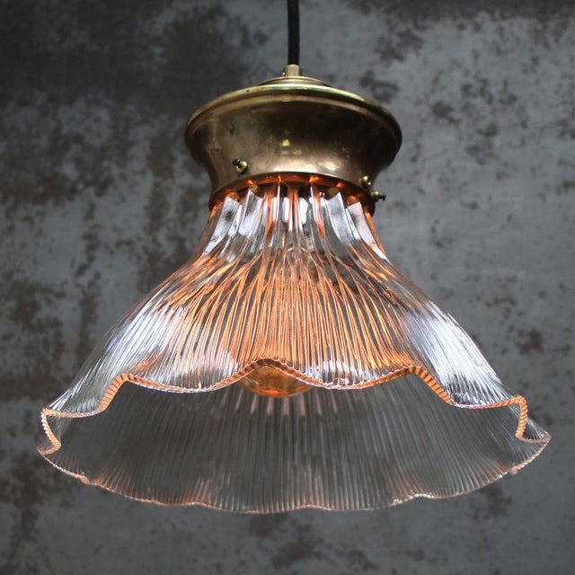 Holophane Vintage Industrial Glass and Brass Pendant Light from Holophane For Sale - Image 4 of 8