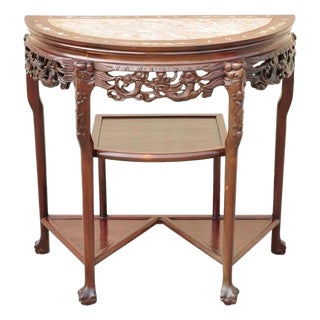 Vintage Oriental Chinese Carved Hardwood Demilune Marble Top Console Hall Table For Sale