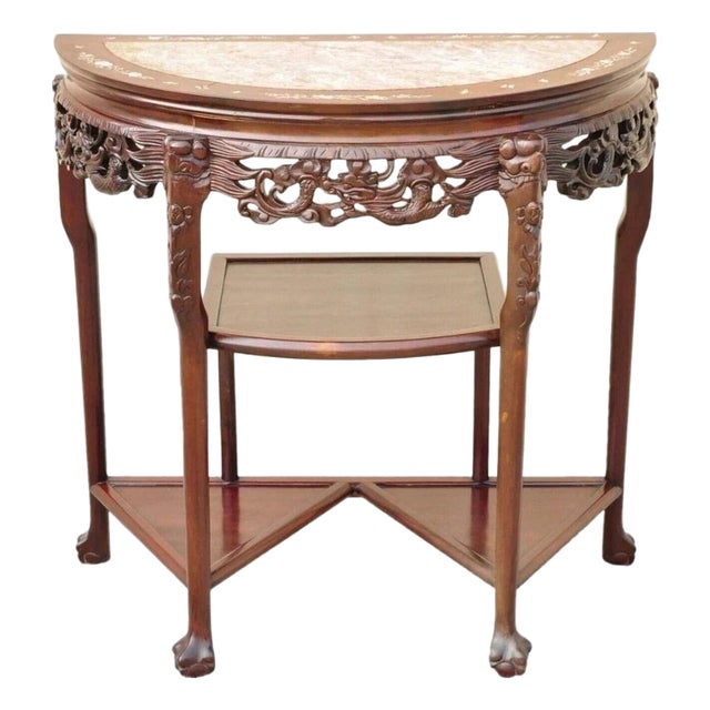 Vintage Oriental Chinese Carved Hardwood Demilune Marble Top Console Hall Table For Sale