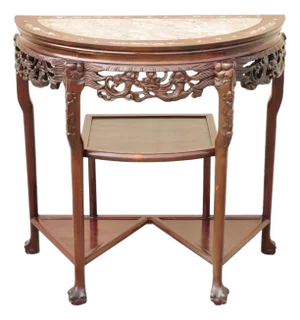 Vintage Oriental Chinese Carved Hardwood Demilune Marble Top Console Hall Table