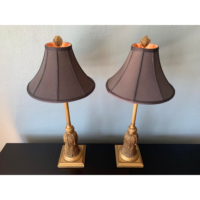 Late 20th Century Large Italian Tassel Buffet Lamps With Black Shades, Pair For Sale In Nashville - Image 6 of 11