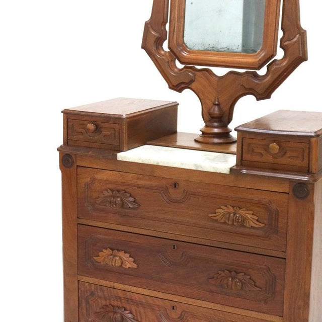 Late 19th Century Antique Victorian Carved Walnut Marble Top Dresser With Mirror Circa 1890 For Sale - Image 5 of 15