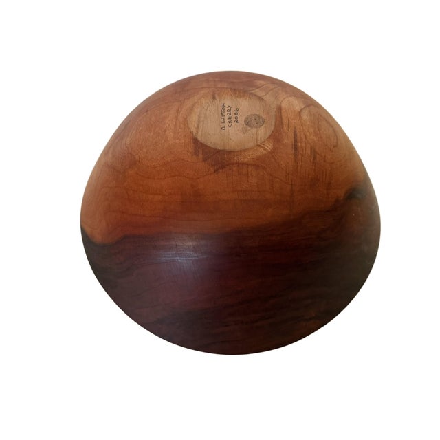 Modern Hand-Turned Cherry Wood Bowl Signed by O. Lufton For Sale - Image 12 of 15