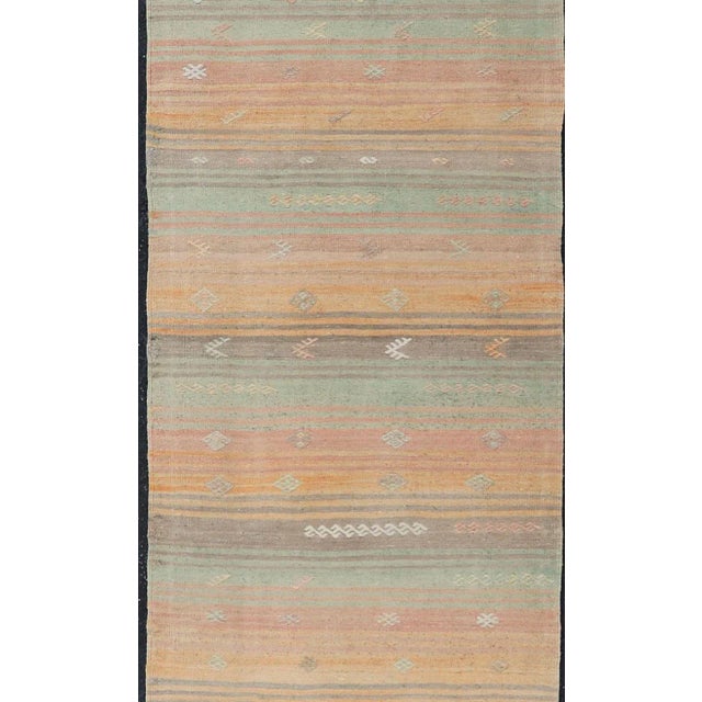 Traditional Mid 20th Century Vintage Turkish Kilim Runner With Stripes in Multi Soft Colors For Sale - Image 3 of 12