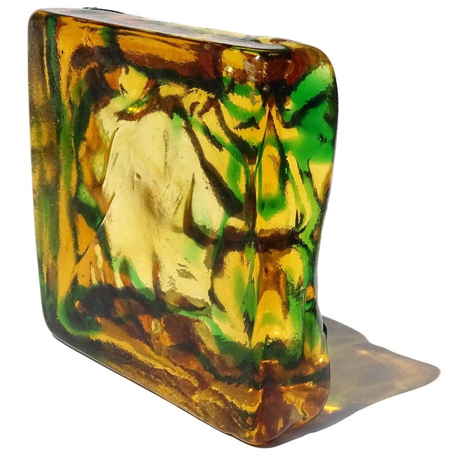 Mid 20th Century Salviati Gaspari Murano Vintage Golden Amber Green Swirl Italian Art Glass Landscape Design Bowl Ashtray For Sale - Image 5 of 6