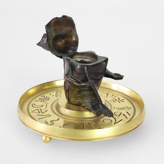 Late 19th Century Egyptian Revival Figural Pharaoh Bronze & Brass Inkwell With Glass Insert C1880 For Sale - Image 5 of 8
