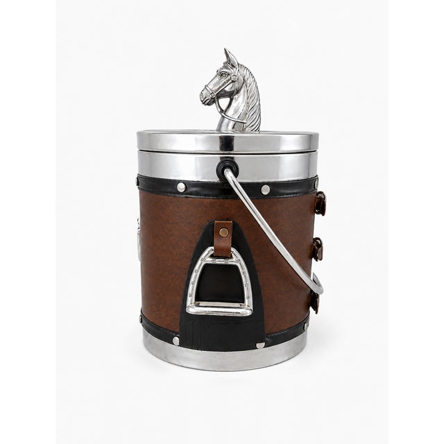 English Equestrian Horse Ice Bucket in Dark Brown Faux Leather, 1970s For Sale - Image 4 of 8