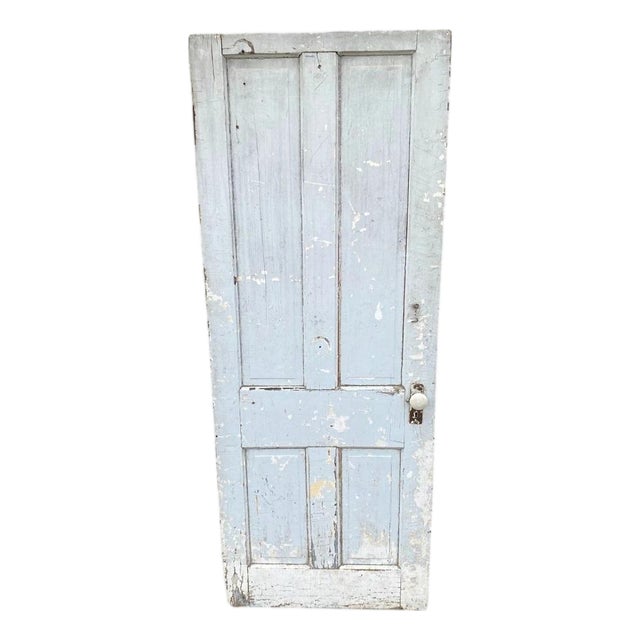 Antique Architectural Salvage Gray White Distress Painted Wooden Interior Door For Sale
