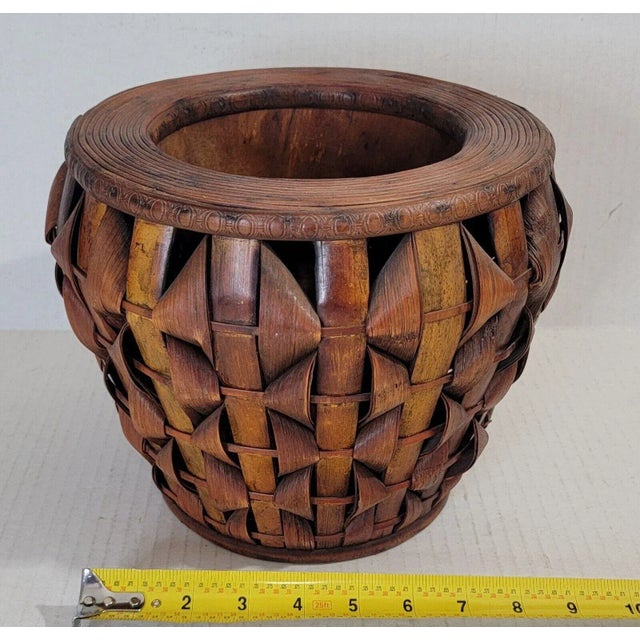 Brown Vintage Artistic Japanese Split Woven Rattan Pencil Reed Planter For Sale - Image 8 of 12