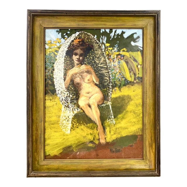 Vintage Original Painting Nude Lady in Garden Oil on Canvas Signed and Dated For Sale