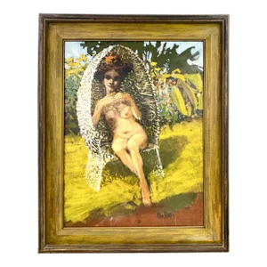 Vintage Original Painting Nude Lady in Garden Oil on Canvas Signed and Dated