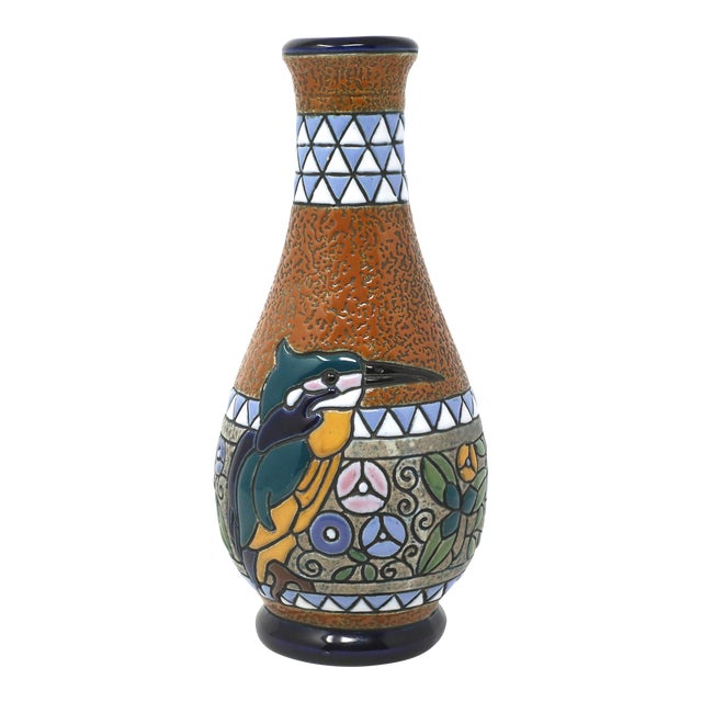 1920s Amphora Czechoslovakia Colorful Enameled Kingfisher Ceramic Vase Chairish
