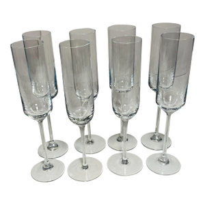 1990s Set of Eight Crystal Glass Tall Stemmed Champagne Flutes