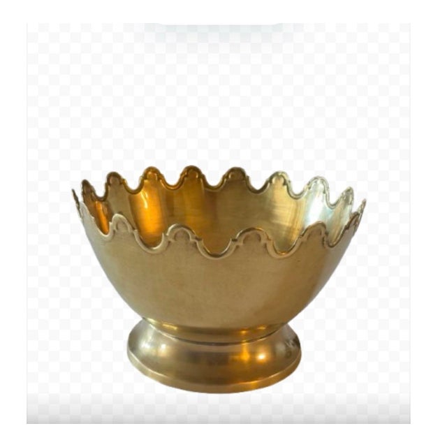 Brass Mid 20th Century Solid Brass Pedestal Bowl With Scalloped Crown Rim For Sale - Image 8 of 10