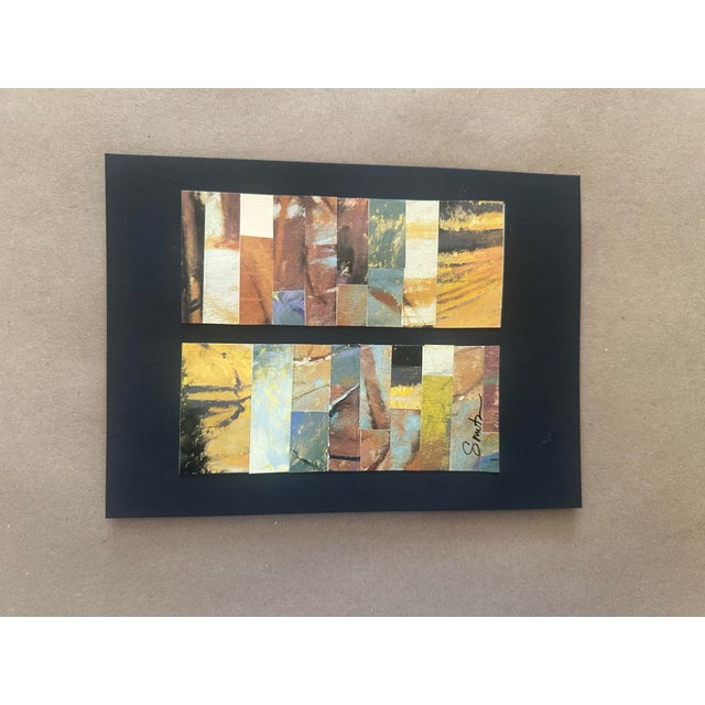 A striking dual-panel abstract collage mounted on a clean black support, featuring two horizontal compositions that echo...