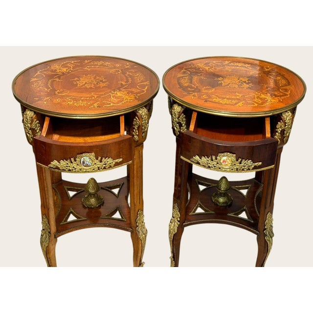 Pair Louis XV Revival Marquetry Salon Tables With Porcelain Plaques, C. 1900 For Sale - Image 11 of 18