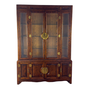 Late 20th Century Campaign or Chinoiserie Style Lighted China Hutch by Bernhardt Dark Oak & Brass