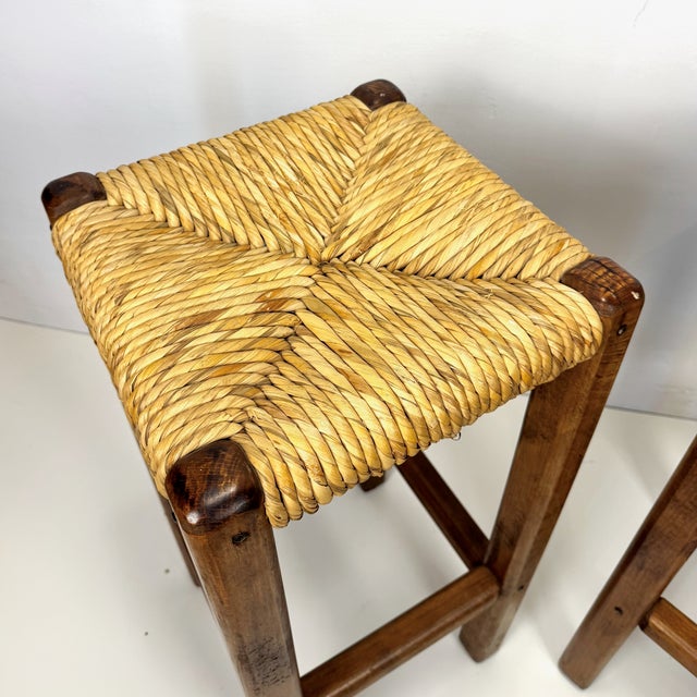 Wood and Straw Bar Stools, Italy, 1980s, Set of 2 For Sale - Image 4 of 8