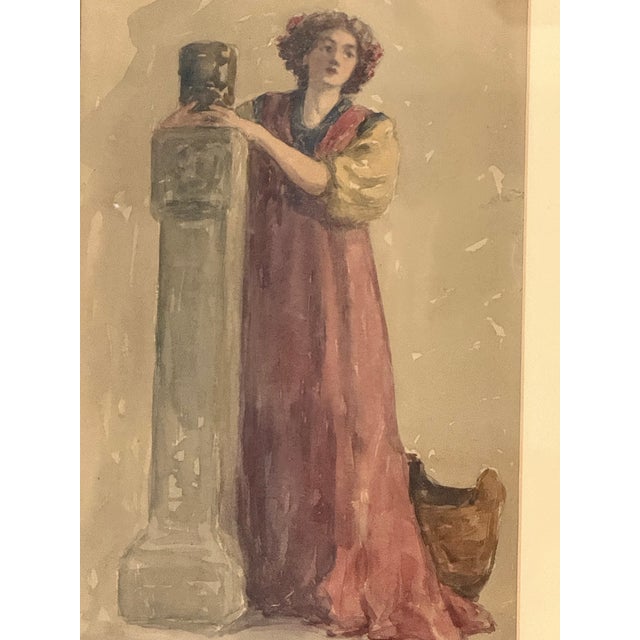 Antique Watercolor Classical Woman Art Nouveau Style Signed Framed Under Glass Original Art 21”t X 14.75”w For Sale - Image 4 of 12