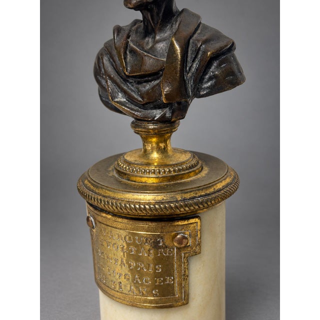 François Sellier, Pair French Neoclassical Bronze Busts of Voltaire and Rousseau For Sale - Image 9 of 10