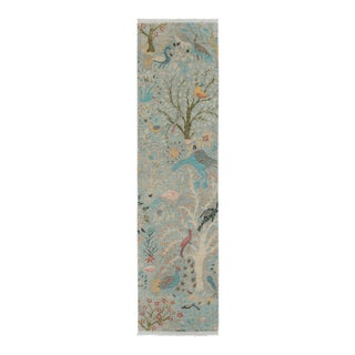 2.6x10ft. Light Blue Peacock Bird Garden Hand Knotted Wool Rug For Sale