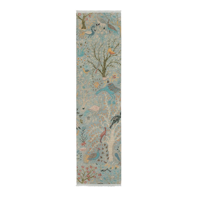 2.6x10ft. Light Blue Peacock Bird Garden Hand Knotted Wool Rug For Sale