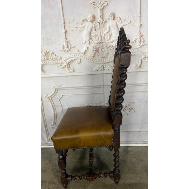 Set of 6 Antique Jacobean Hunt Chairs in Heavily Carved Oak With Cognac Leather For Sale - Image 16 of 18