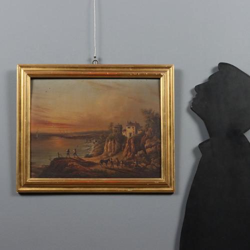 Oil on panel. Under a pink sky tinged with sunset, on the rocky shores near a village, several figures await the returning...