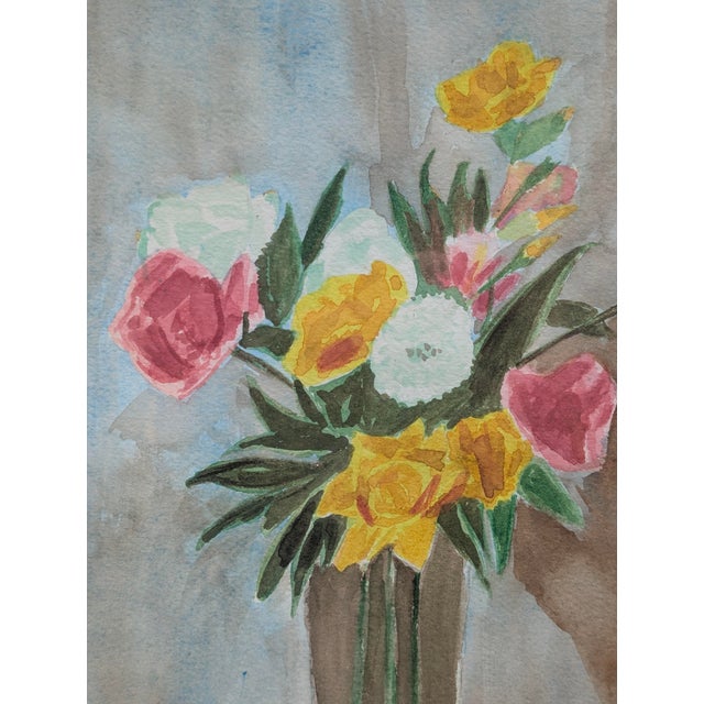 Wood Vintage Original Still Life Floral Watercolor Painting Framed For Sale - Image 7 of 10