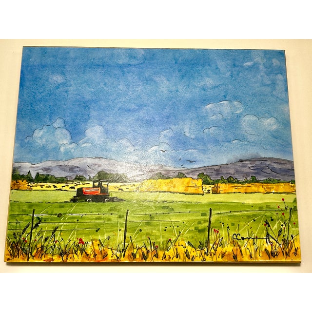 2020s Original Watercolor Painting on Birch Board Rural Farm Scene For Sale - Image 5 of 8