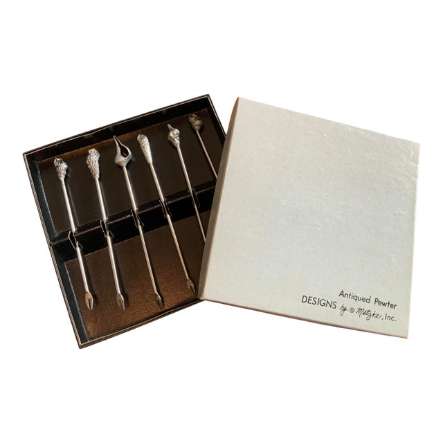 Vintage Metzke Pewter Shell Cocktail Picks / Charcuterie Set of 6. Barware for Palm Beach Regency, Bar Cart Glam & Entertaining,…See Pics! For Sale