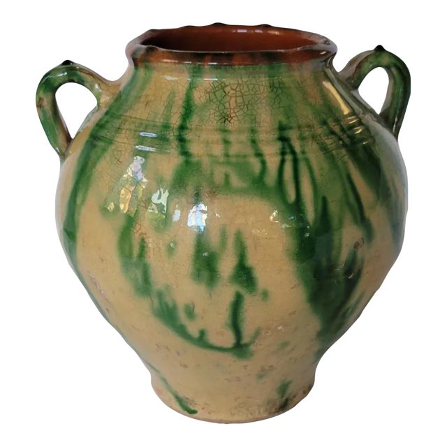 Antique Country French Provincial Yellow and Green Glazed Terra Cotta Jar Confit Pot For Sale