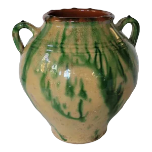 Antique Country French Provincial Yellow and Green Glazed Terra Cotta Jar Confit Pot