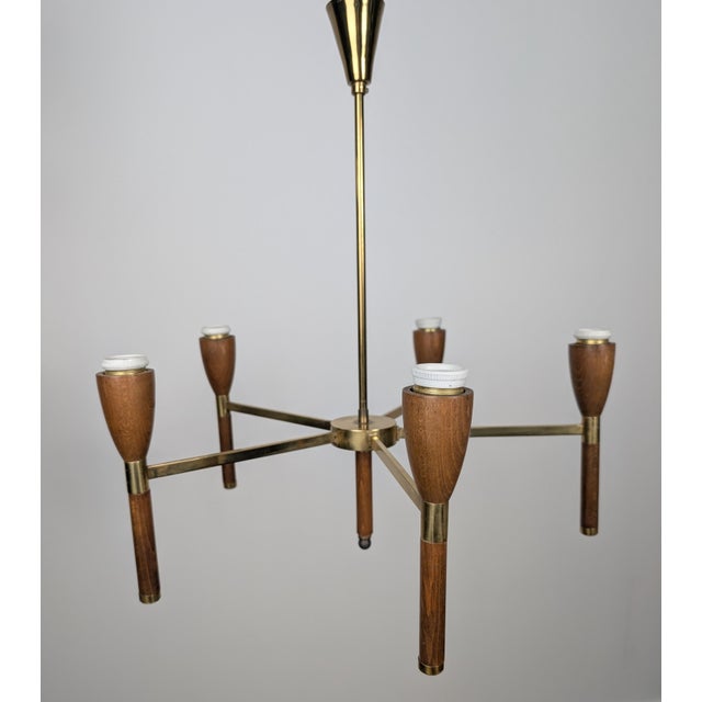 Danish 5-Arm Chandelier in Wood and Brass, 1950s For Sale - Image 11 of 18